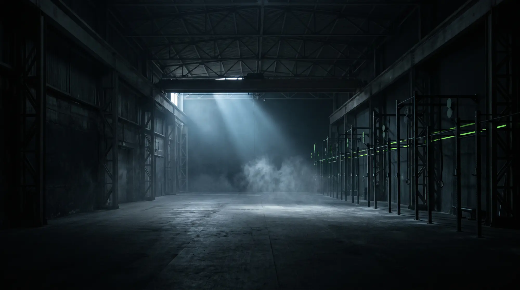 Nave del box con niebla y los reflejos lima de los racks